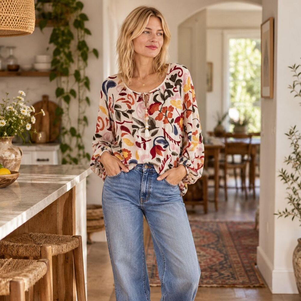 Boho Floral Peasant Blouse Tassel Ties Top Loose Fit Size Small